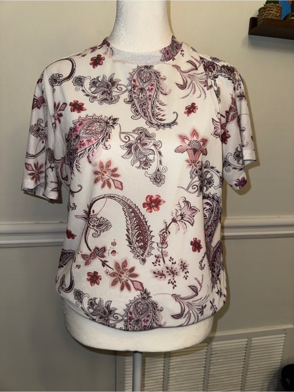 Women’s White Pink Paisley Floral Sheer Sleeve Blouse Top Medium